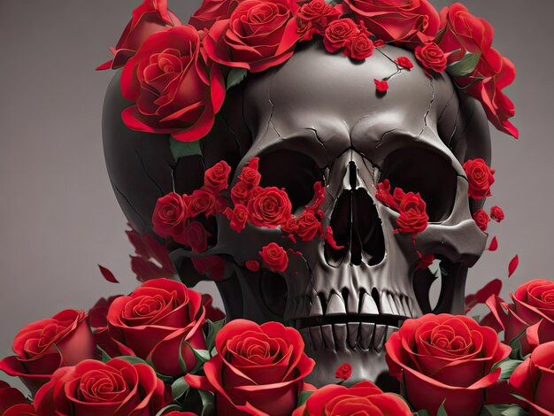 Skull and red roses flower bouquet on grey background ai generative