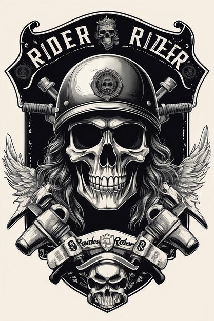 Skull rider illustration vector Tshirt print emblem label or badge design