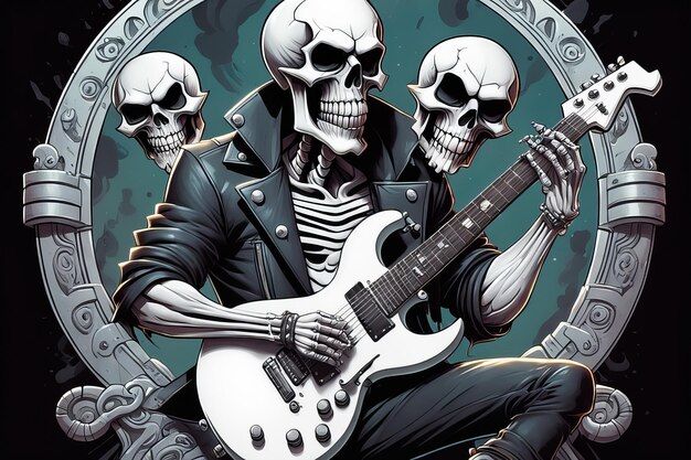 Photo skull rock star with guitar color tshirt art created with generative ai software