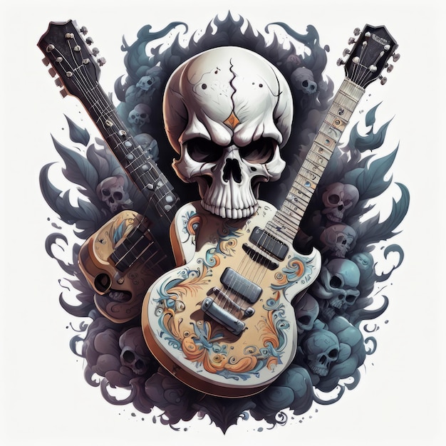 Photo skull rock star with guitar color tshirt art created with generative ai software