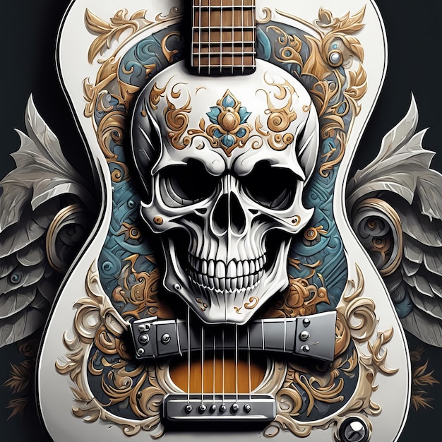рок-звезда черепа с цветной рубашкой гитары, созданная с помощью генеративного программного обеспечения ИИ