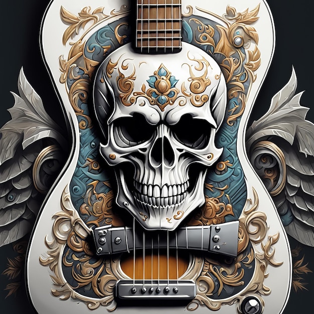 skull rock star with guitar color tshirt art created with generative AI software