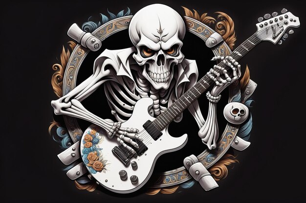 Photo skull rock star with guitar color tshirt art created with generative ai software