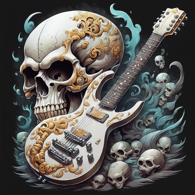 Photo skull rock star with guitar color tshirt art created with generative ai software