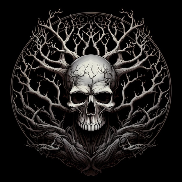 skull and root tree tattoo design illustration
