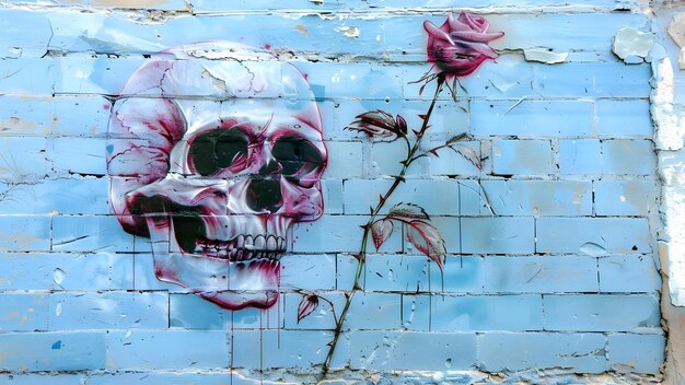 Foto skull and rose street art simboleggia la mortalità e la bellezza sul mattone blu concept street art skull and rose symbolism mortality beauty