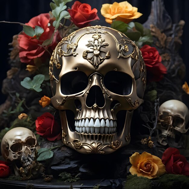 Photo a skull and roses are on display in front of a window