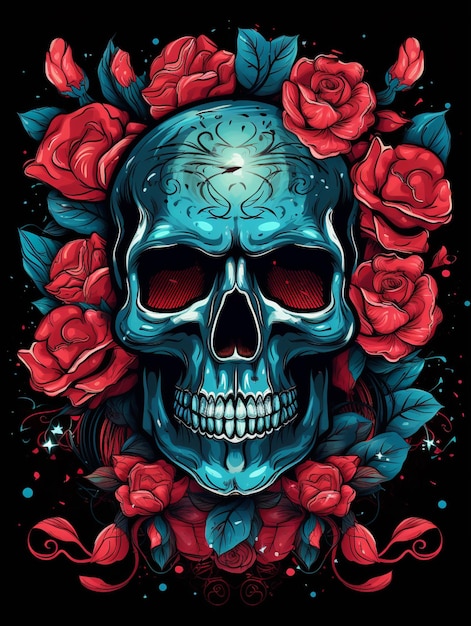 skull and roses on a black background generative ai