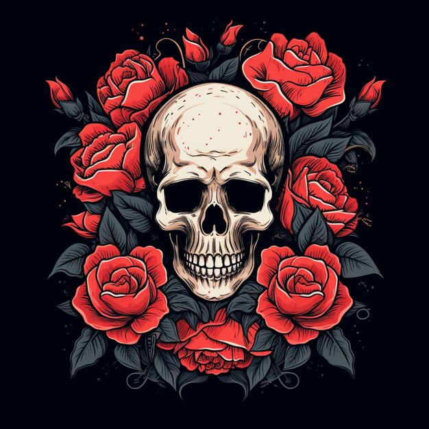 Photo skull and roses on a black background generative ai