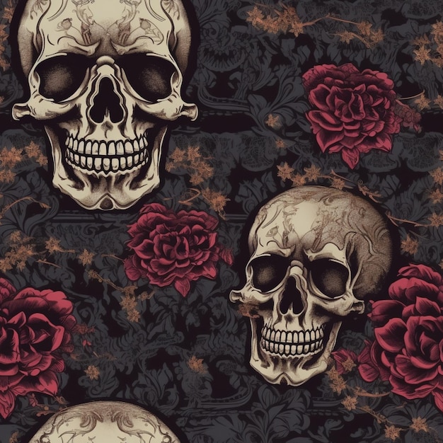 Skull and roses on a black background.