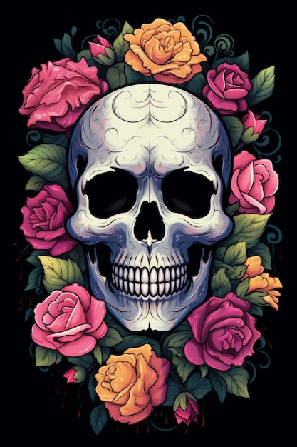 skull and roses on black background