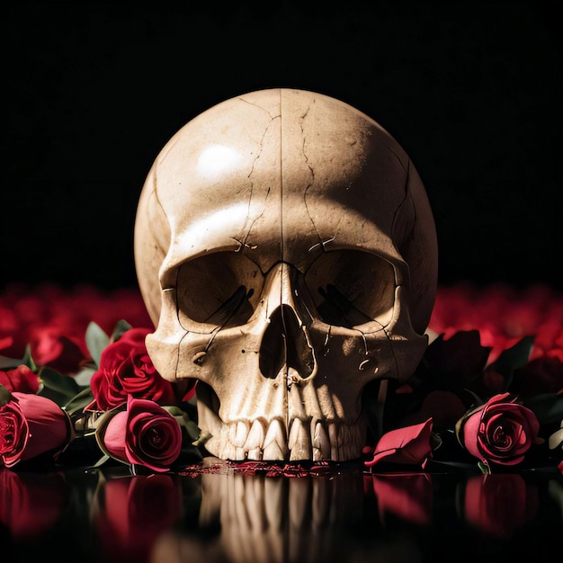 The Skull and Roses on the Black Background