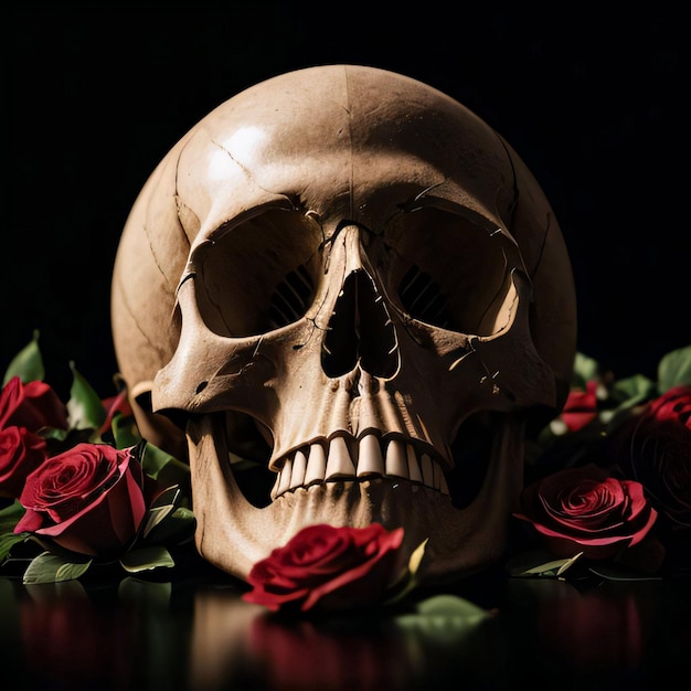 The Skull and Roses on the Black Background