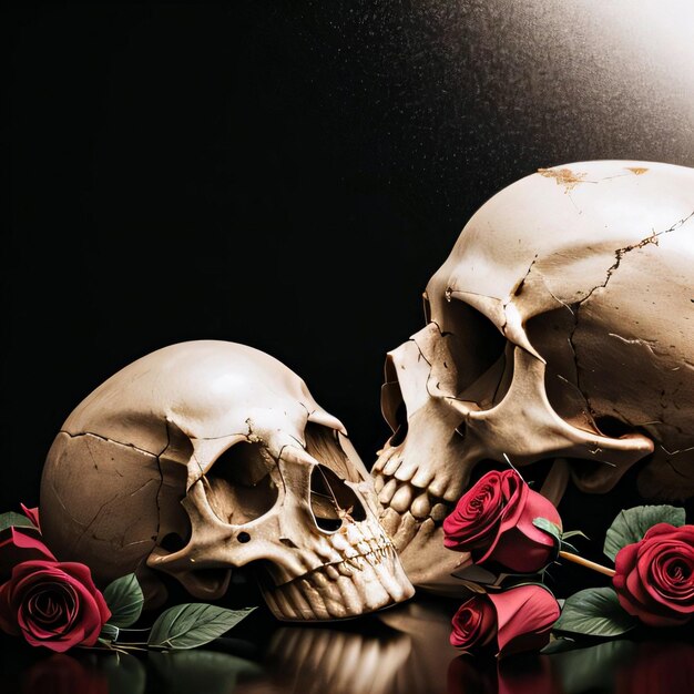 The skull and roses on the black background