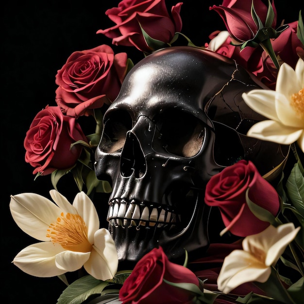 The Skull and Roses on the Black Background