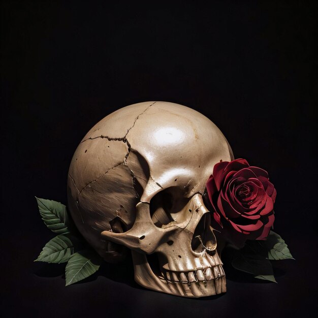 The Skull and Roses on the Black Background