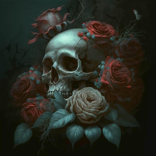 Skull and roses on a dark background with a bird generative ai