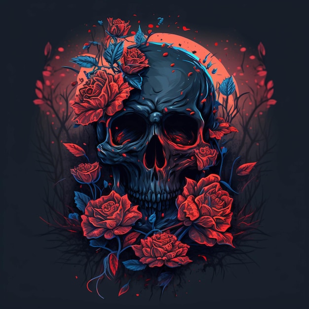 Skull and roses on a dark background with a full moon generative ai