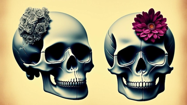 Skull and roses flowers illustration vintage print