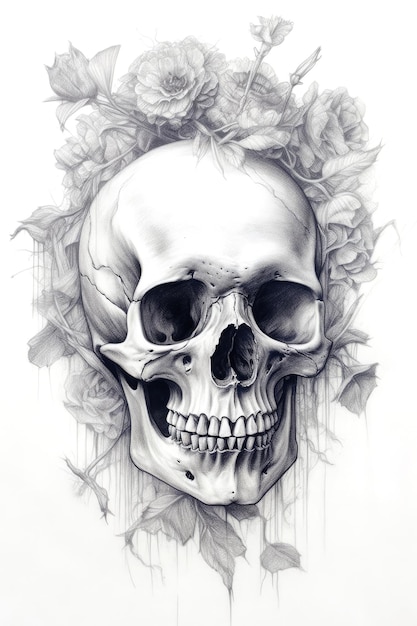 Photo skull and roses pencil sketch generative ai