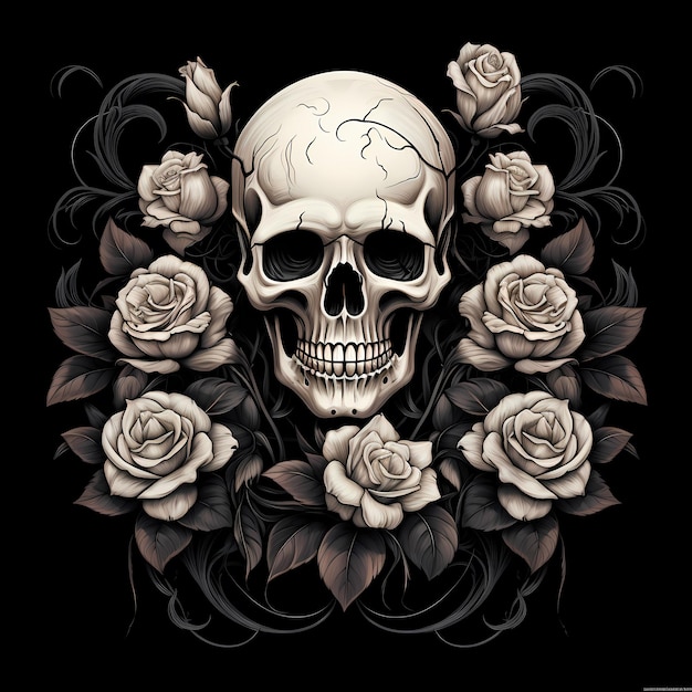 skull and roses tattoo design dark art illustration isolated on black background