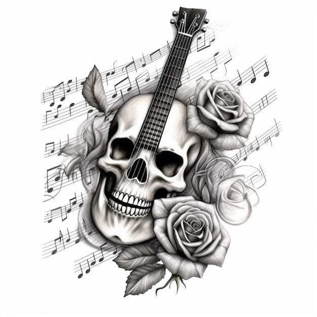 a skull and roses with a guitar tattoo design generative ai