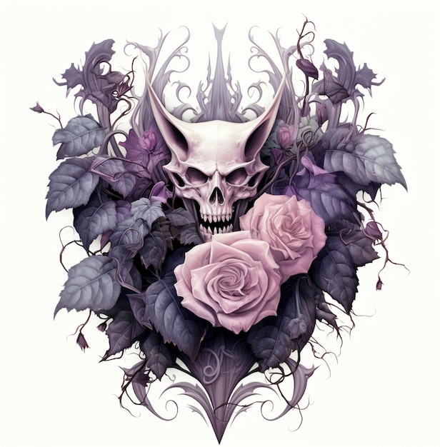 skull and roses with leaves and vines on a white background generative ai