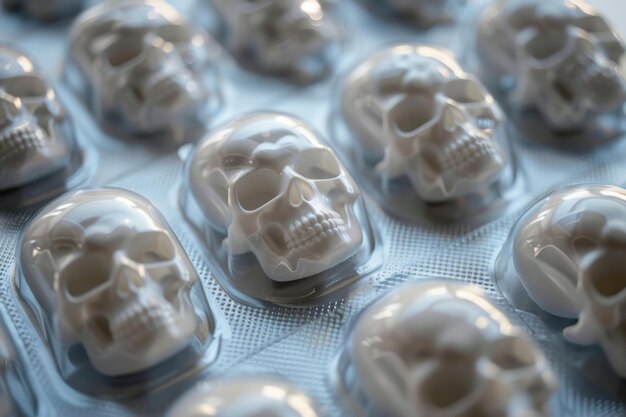 Photo skull shaped pills in blister pack deadly tablet suicide drug addiction concept toxic painkillers and legal drugs