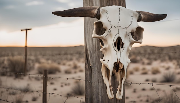 Photo a skull sits on a fence with a barbed wire fence in the background