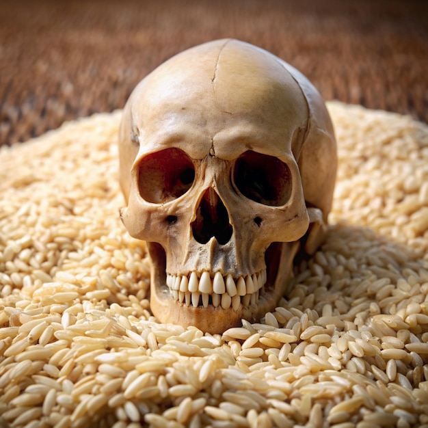 a skull sits on a mat with rice grains in the background