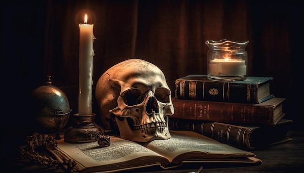 A skull sits on a table next to a candle.