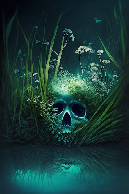 Skull sitting on top of a lush green field generative ai