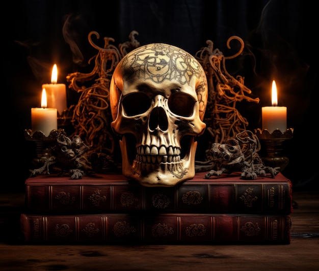 A skull sitting on top of a pile of books