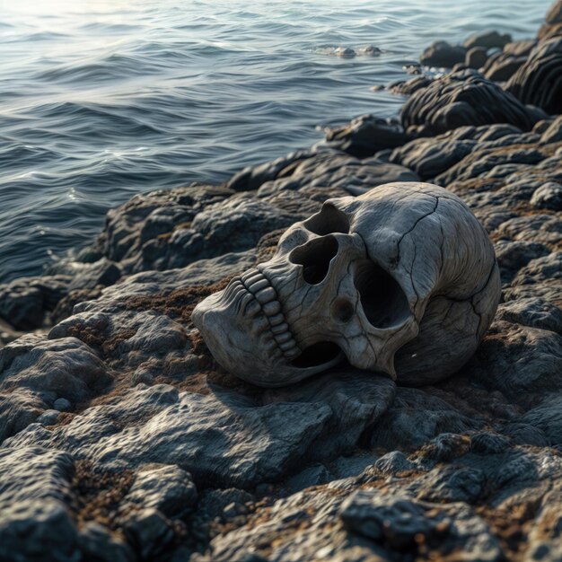 Photo a skull and a skull are on the rocks by the ocean