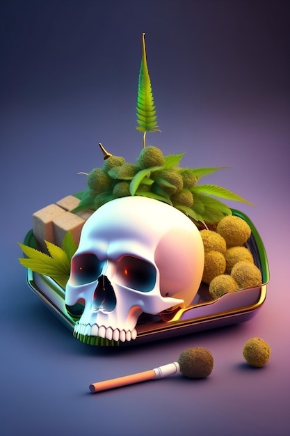 A skull and a skull are on a tray with a green leaf.