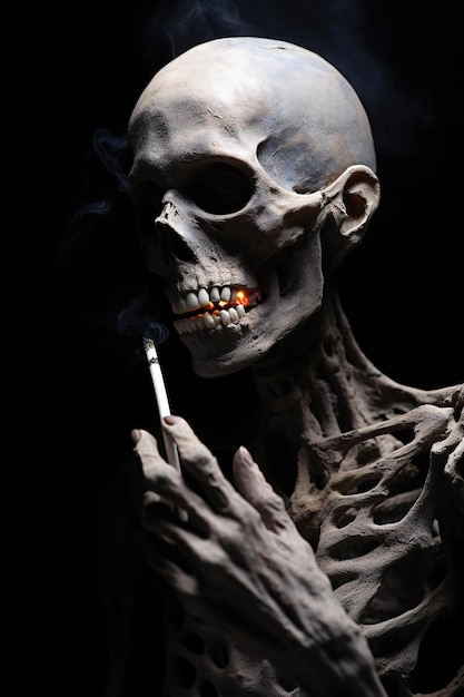 Skull smoking cigarette on black background Halloween concept Studio shot