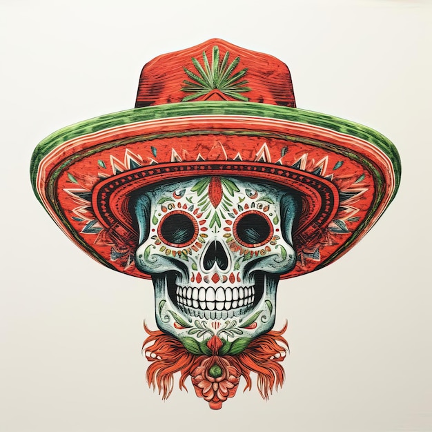 an skull in the sombrero on a white background