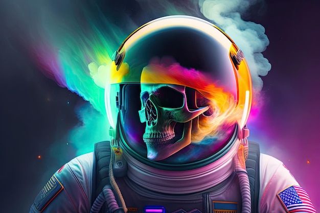 A skull in a space suit with a rainbow background.