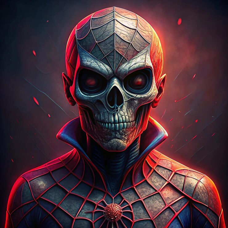 A Skull spiderman with a spiderman shirt on and a spiderman shirt