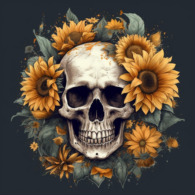 skull and sunflowers on a dark background with a black background generative ai