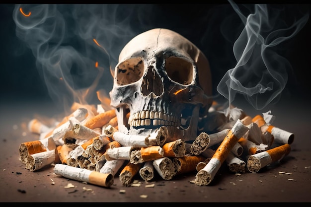 タバコと煙に囲まれた頭蓋骨とその上にある頭蓋骨。