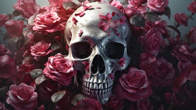 A skull surrounded by pink roses created with Generative AI technology