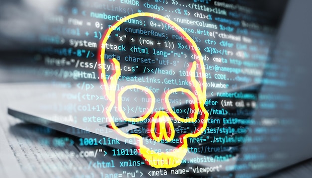 skull symbol overlaying computer code on screen indicating cybersecurity threat or malware warning in digital environment