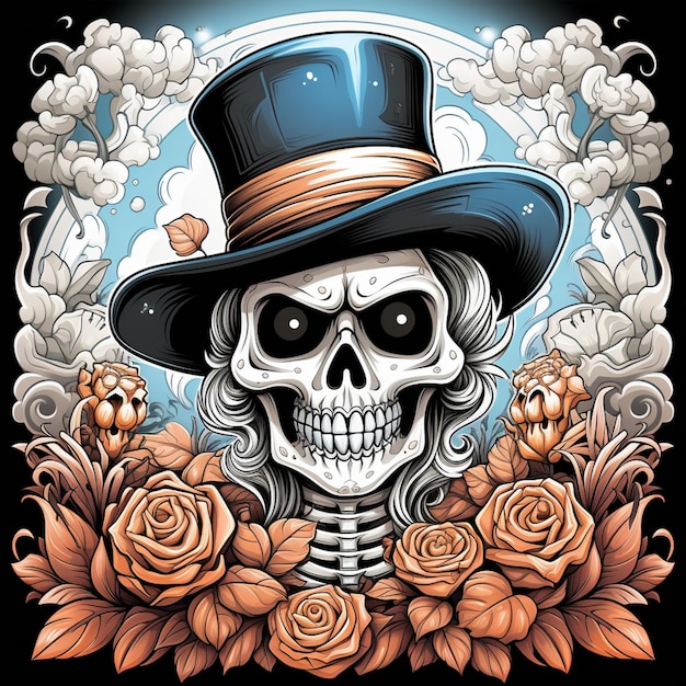 skull in top hat with roses and leaves generative ai