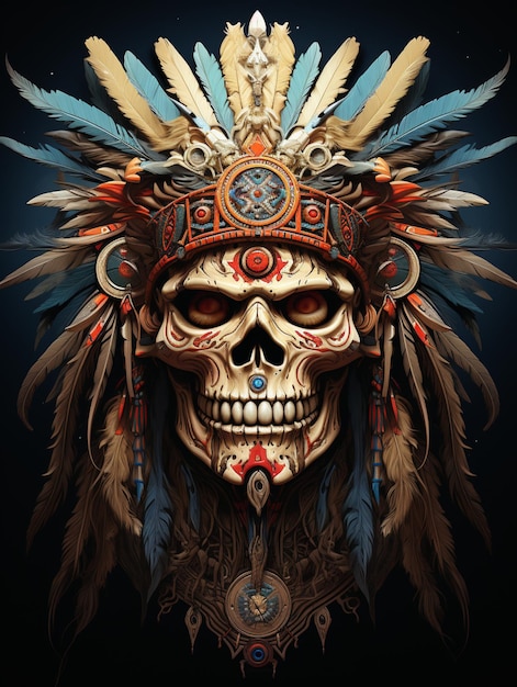 skull in totem style tribal design print design