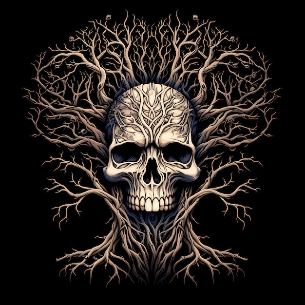 두개골과 나무 뿌리 문신 디자인 검은 배경에 고립 된 어두운 예술 그림