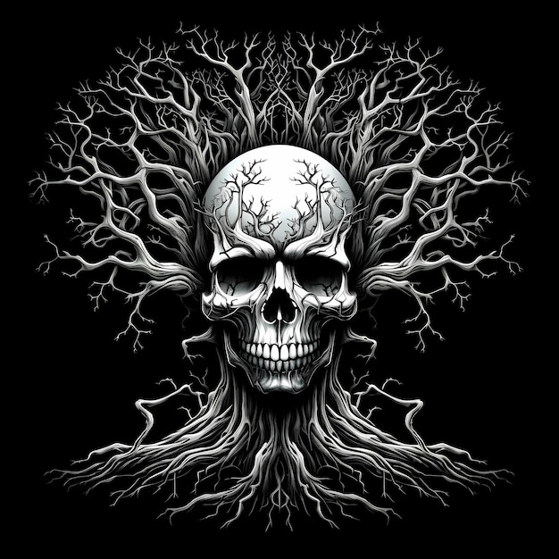 skull and tree roots tshirt tattoo design dark art illustration isolated on black background