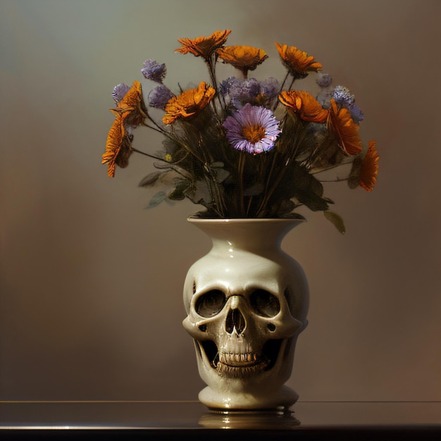 テーブルの上に花が入った頭蓋骨の花瓶