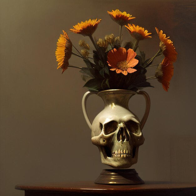 a skull vase with flowers in it on a table