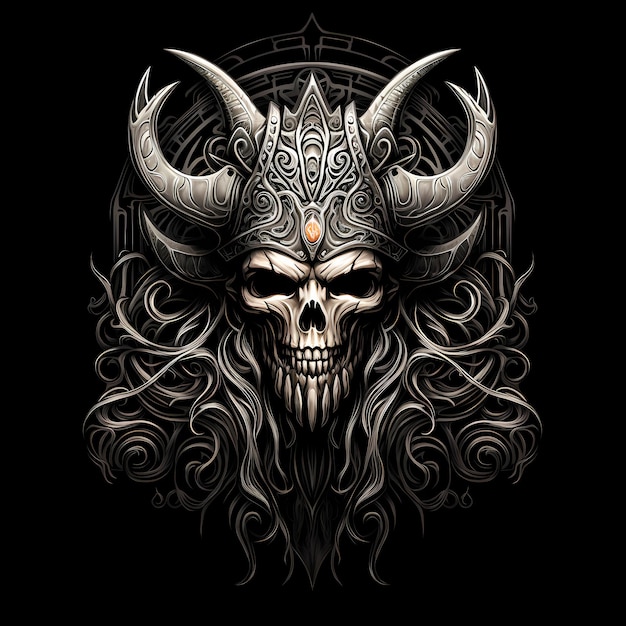 Photo skull and viking helmet tshirt tattoo design dark art illustration isolated on black background